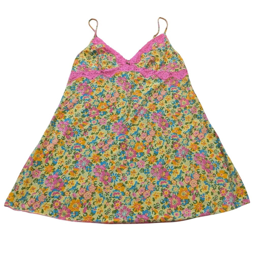 Betsey Johnson Chemise Slip Dress Sz L Floral Pink Lace Trim Babydolll Y2K Retro